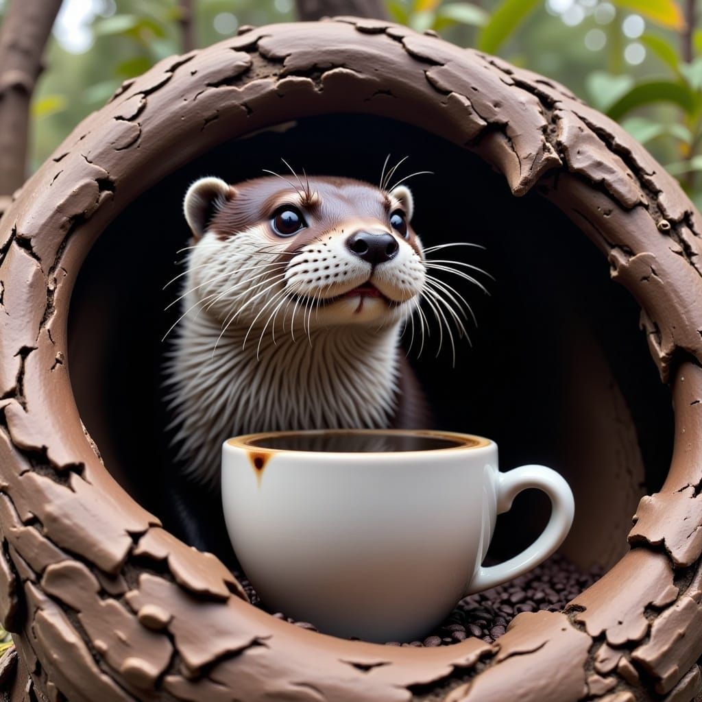 <lora:Coffee Mania Fx:1.0>, An otter peeking out of a ☕️, ❤️‍🔥🏔️🏡