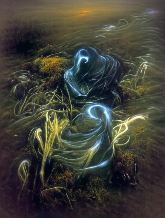 Bioluminescent kelp swirls in a pond