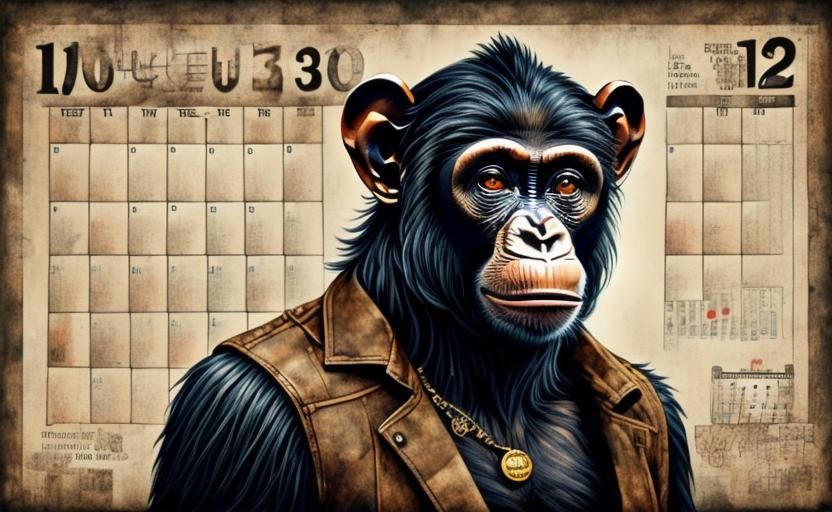 (Chimpanzee holding a 1Month Grid calendar 📆)(Double Exposure Monkey