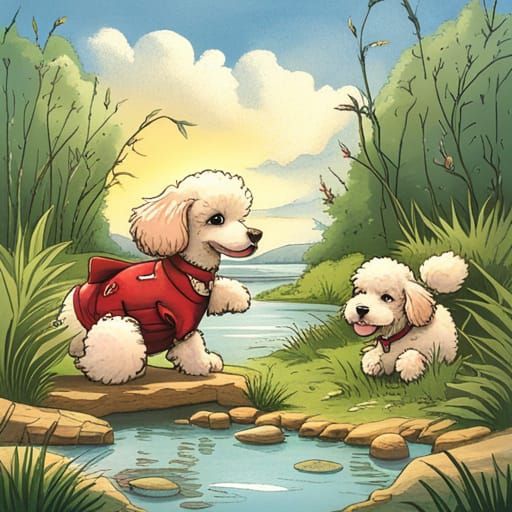 cute poodle puppies are playing in the water, by Michael Bon...