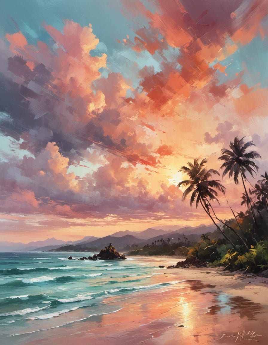 painting sunset tropical beach landscape