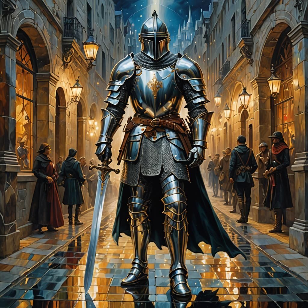 "A knight in shining armor steps out. The canvas peels back, revealing a fantasy world. His sword gleams, reflecting the gallery lights."

A...