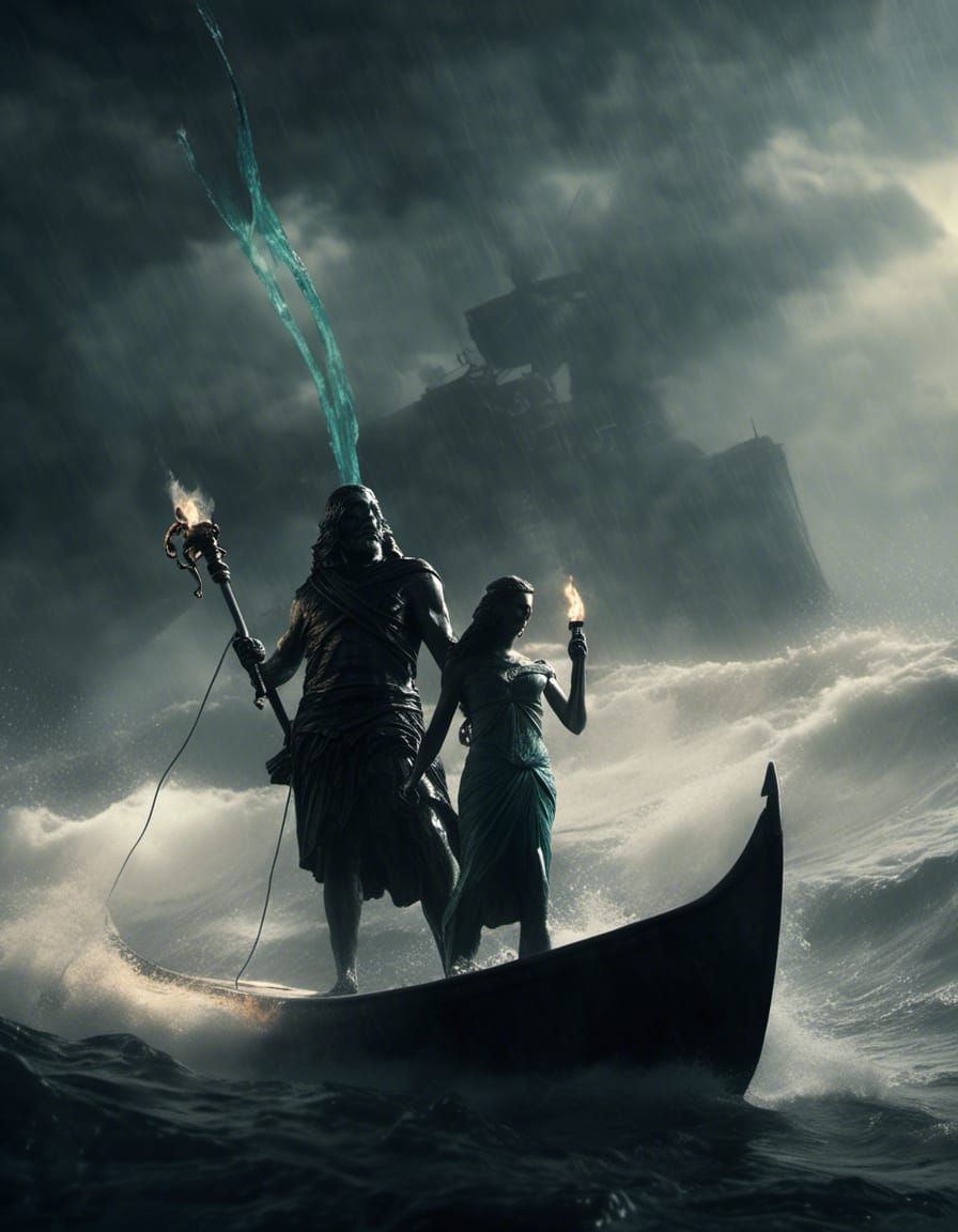 <lora:MakeItPretty:1.0> Charon at the rudder with a wet nereid holding a torch at the bow film noir movie poster photorealism composite phot...