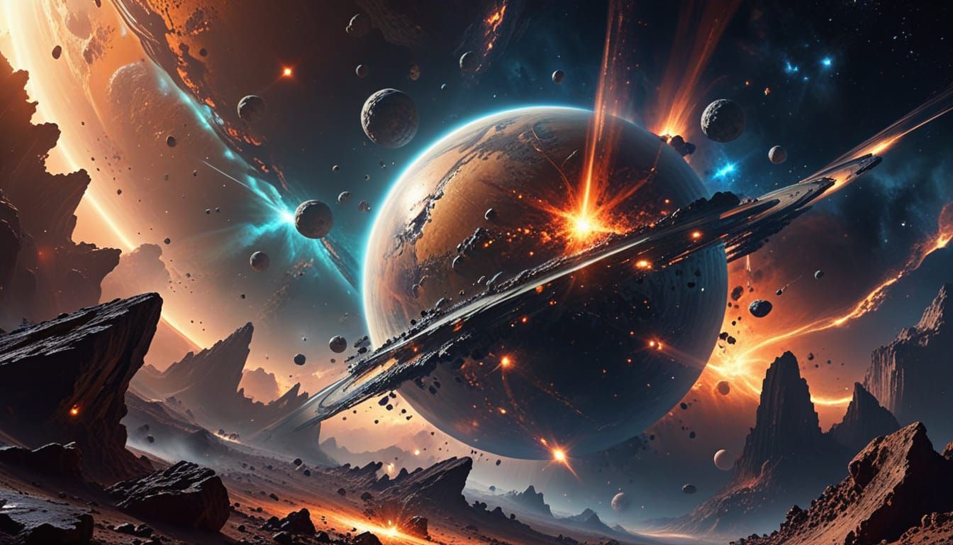 A hyper-realistic and ultra-detailed image of a planet with a sunrise behind it. A huge nebula in the background with asteroids floating aro...