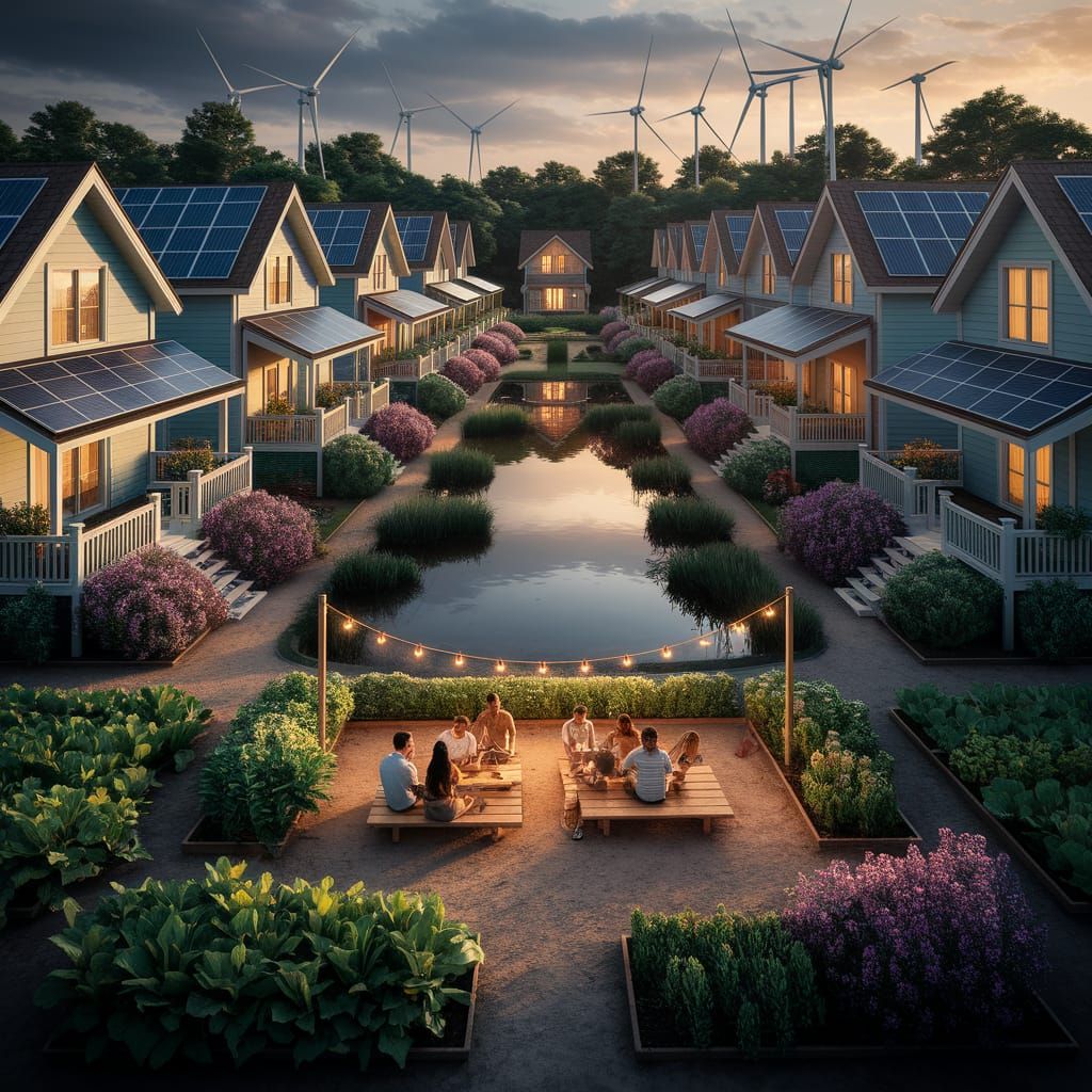 A neighborhood powered by solar panels and wind turbines. Each home has flower garden in front and a ...  by @RPGCatLover
