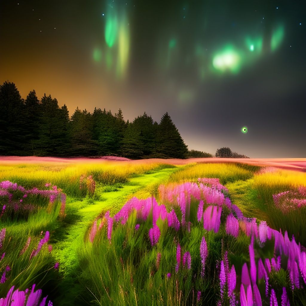 Flowery meadow at night with Aurora borealis