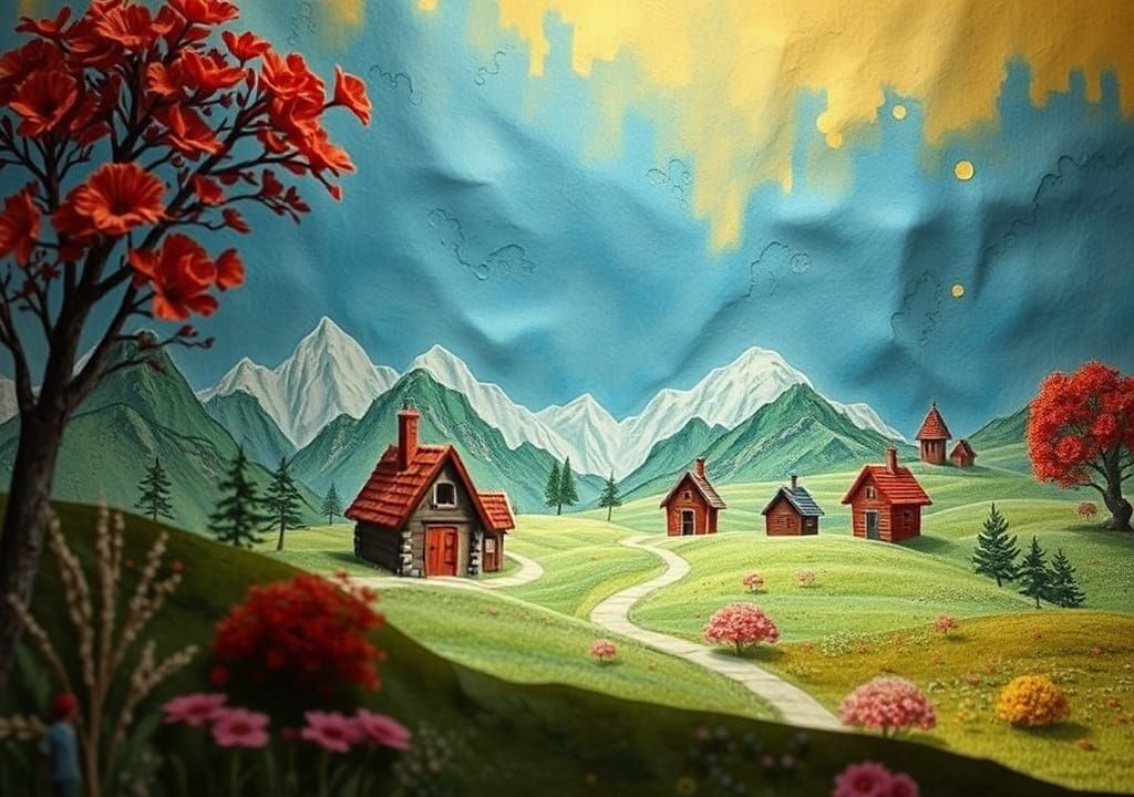 Eine Verückte  Papier Landschaft Mit Bunten Kleinen Häusern