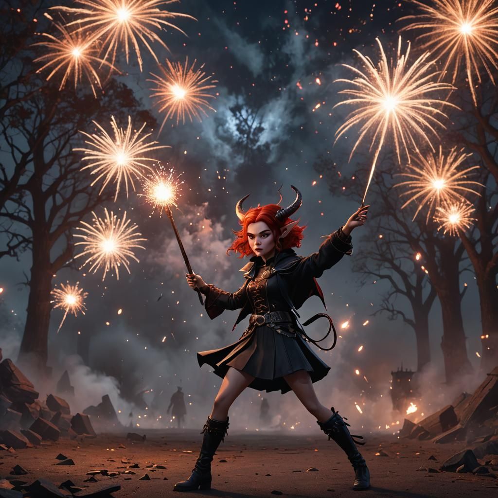 Cute short hair redhead Tiefling girl with black horns shoot...