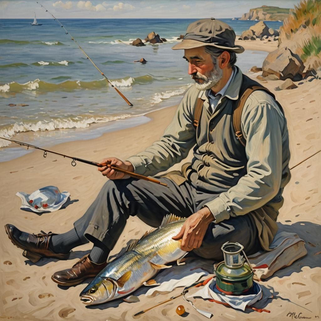 Impressionist Man Fishing on Beach in Warm Sunlight