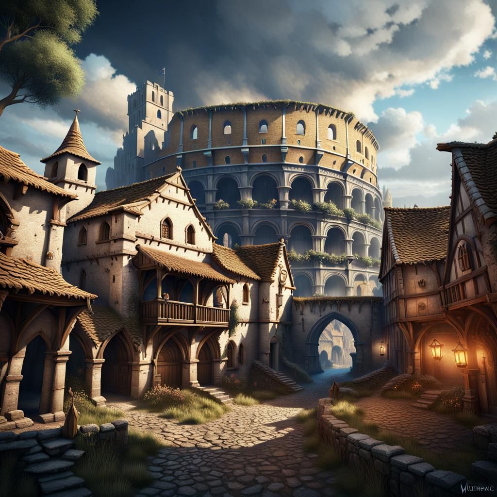 Medieval village, with a coliseum next door. detailed matte ...