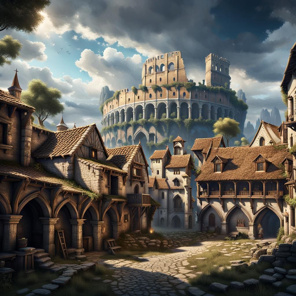 Medieval village, with a coliseum next door. detailed matte ...