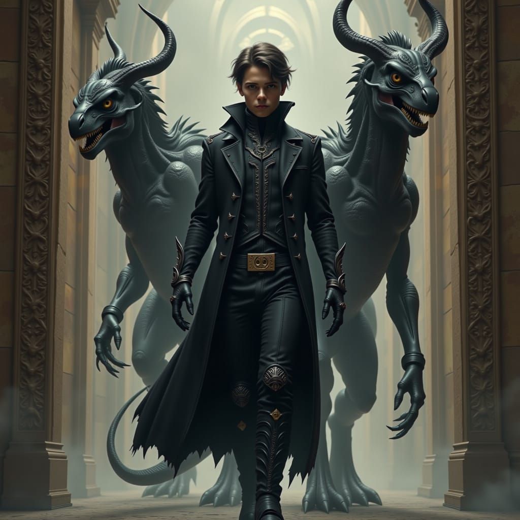 A young man in a long, dark coat with a confident expression, walking towards the viewer with a wicked demon by his side, adorned in intrica...