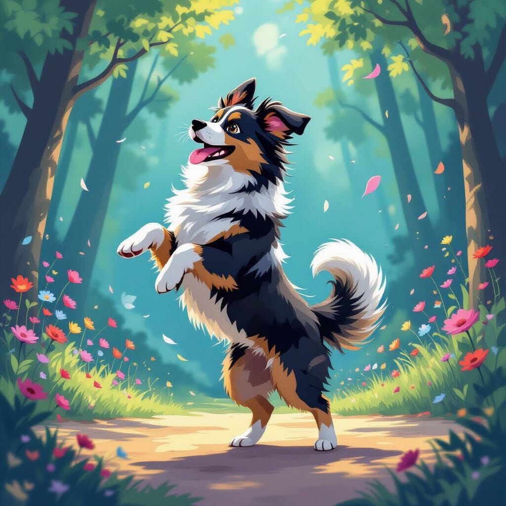 Dancing Dog in Dreamlike Whimsical Environment