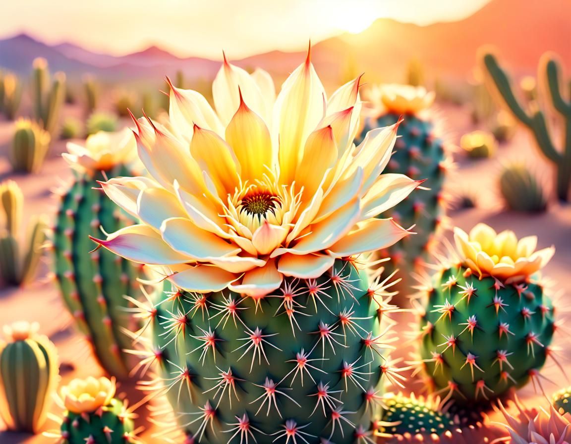 beautiful little cactus blooming, early morning