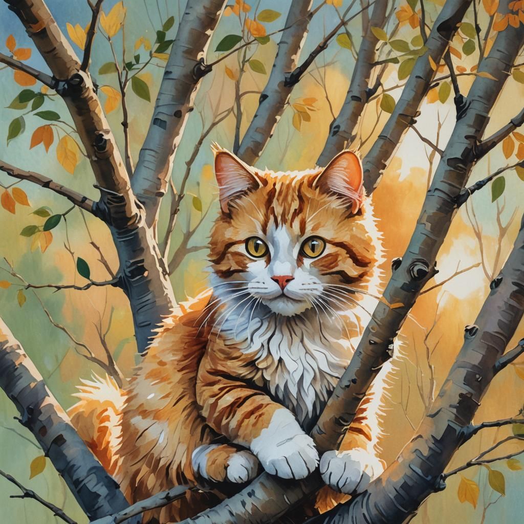 Cat made of yarn clinging to a tree