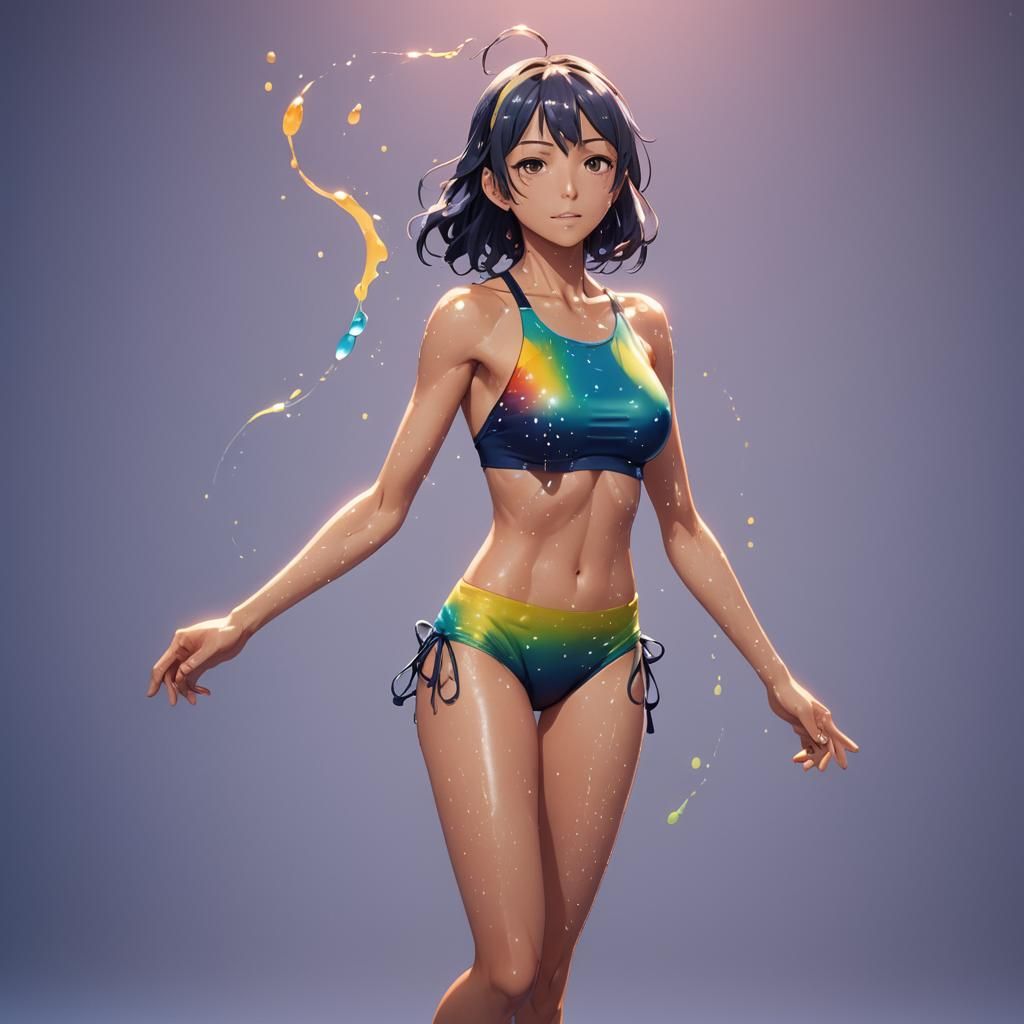 Anime Woman in Swimsuit, Cel-Shaded Manga Style