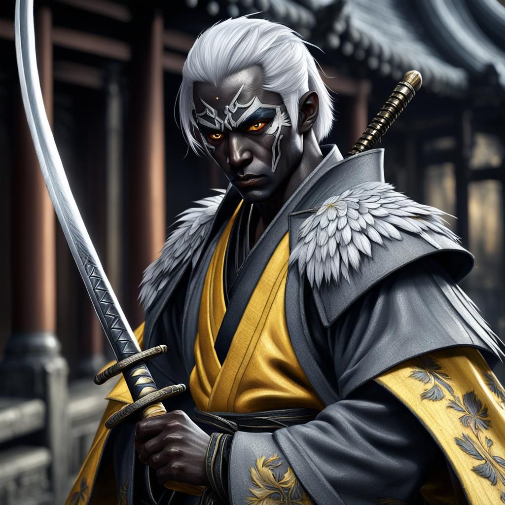 Male Drow, Dark Grey Skin, White short Hair,yellow eyes, wea...