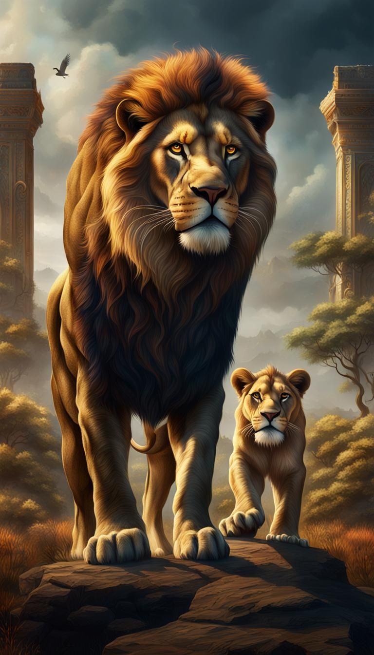 The lion stood at one end and the other animals stood opposi...