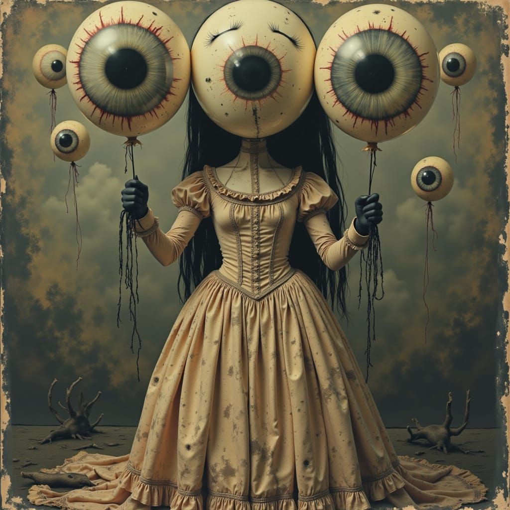 A distorted lowbrow girl without a face holds a bunch of creepy eyeball Balloons that float above her looking about uncannily. Lowbrow Popar...