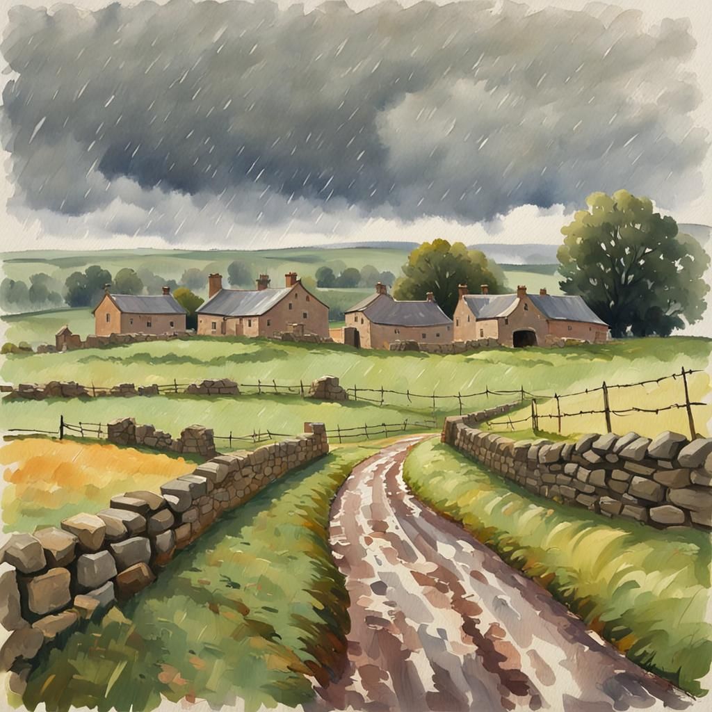 A rainy Yorkshire landscape of a small farm with stone buildings and field walls