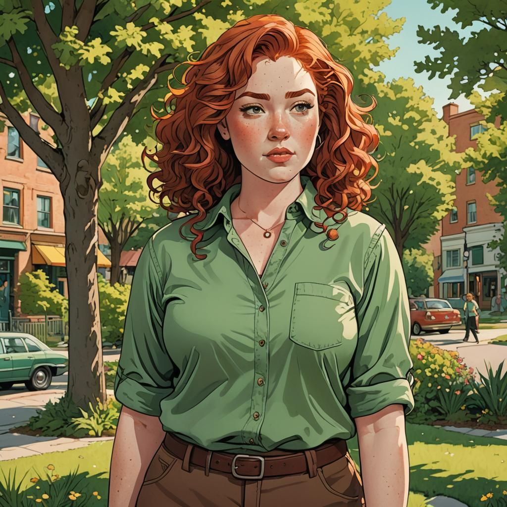 A fat chubby plus-sized young woman, late teens, long curly red hair, very fair skin with lots of freckles, average appearance, wearing a gr...