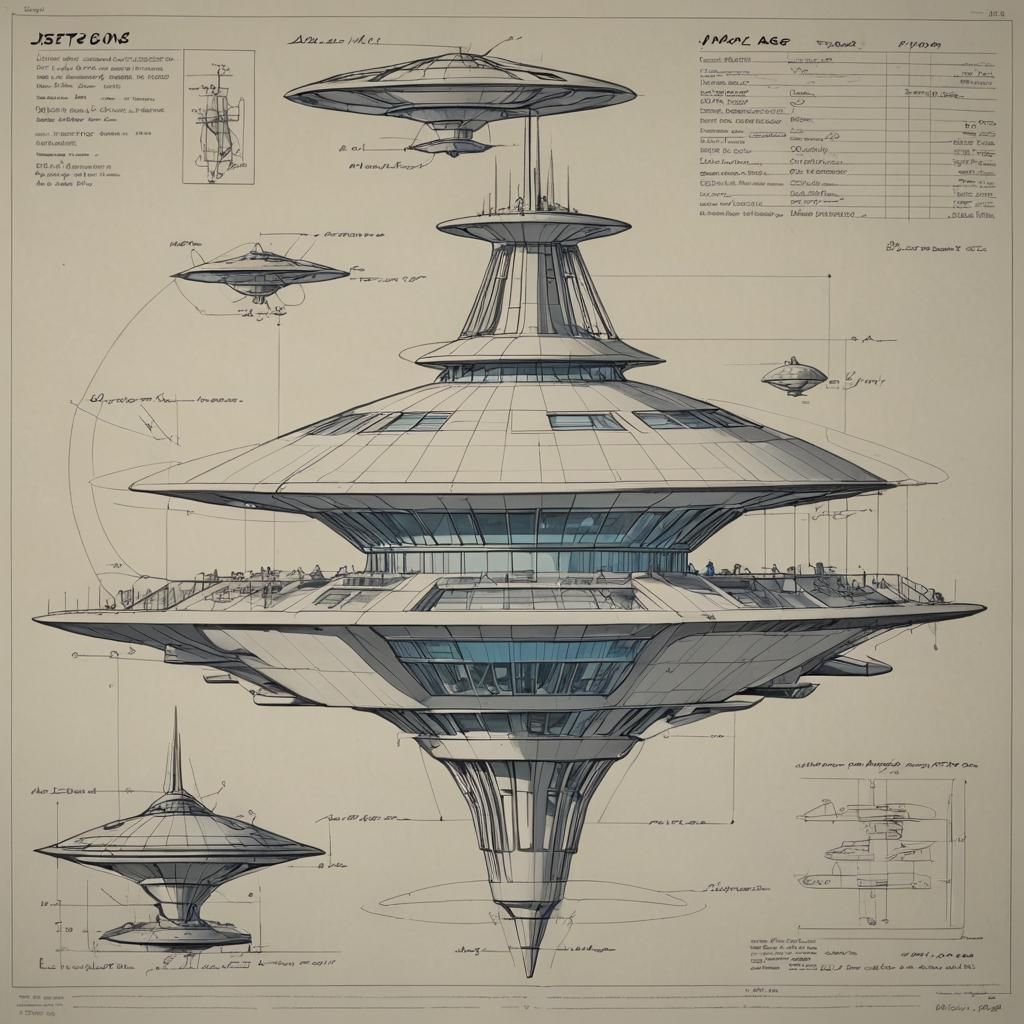 Space age building, skylights, landing pads, side view, engineering ...