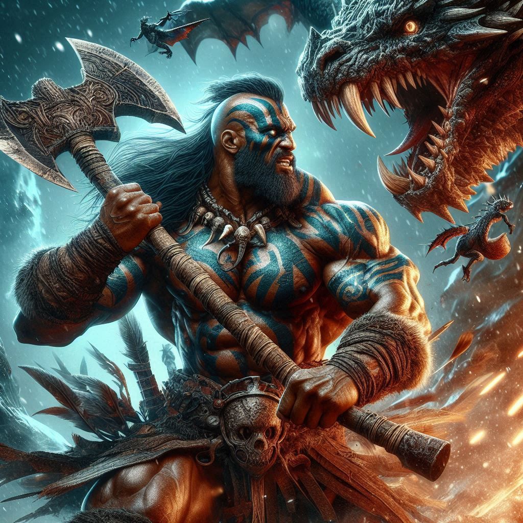 Human Barbarian fighting against a furious dragon