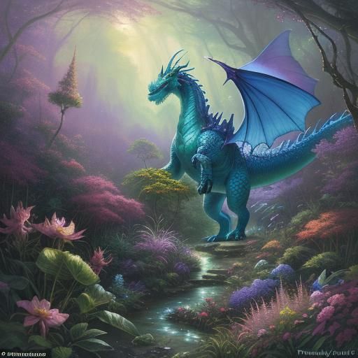 Un dragon dans une foret magique 
