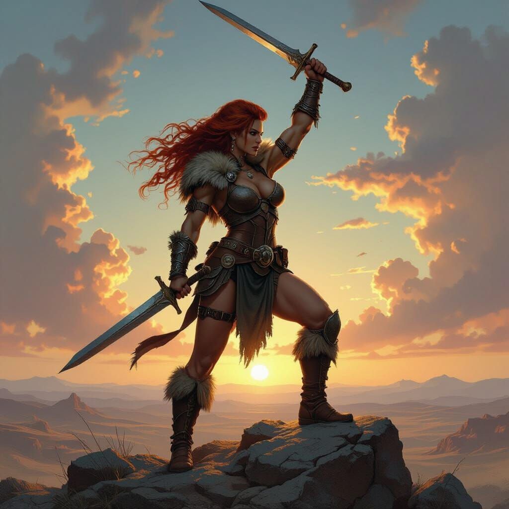 Victorious Barbarian Woman in a Desolate Landscape