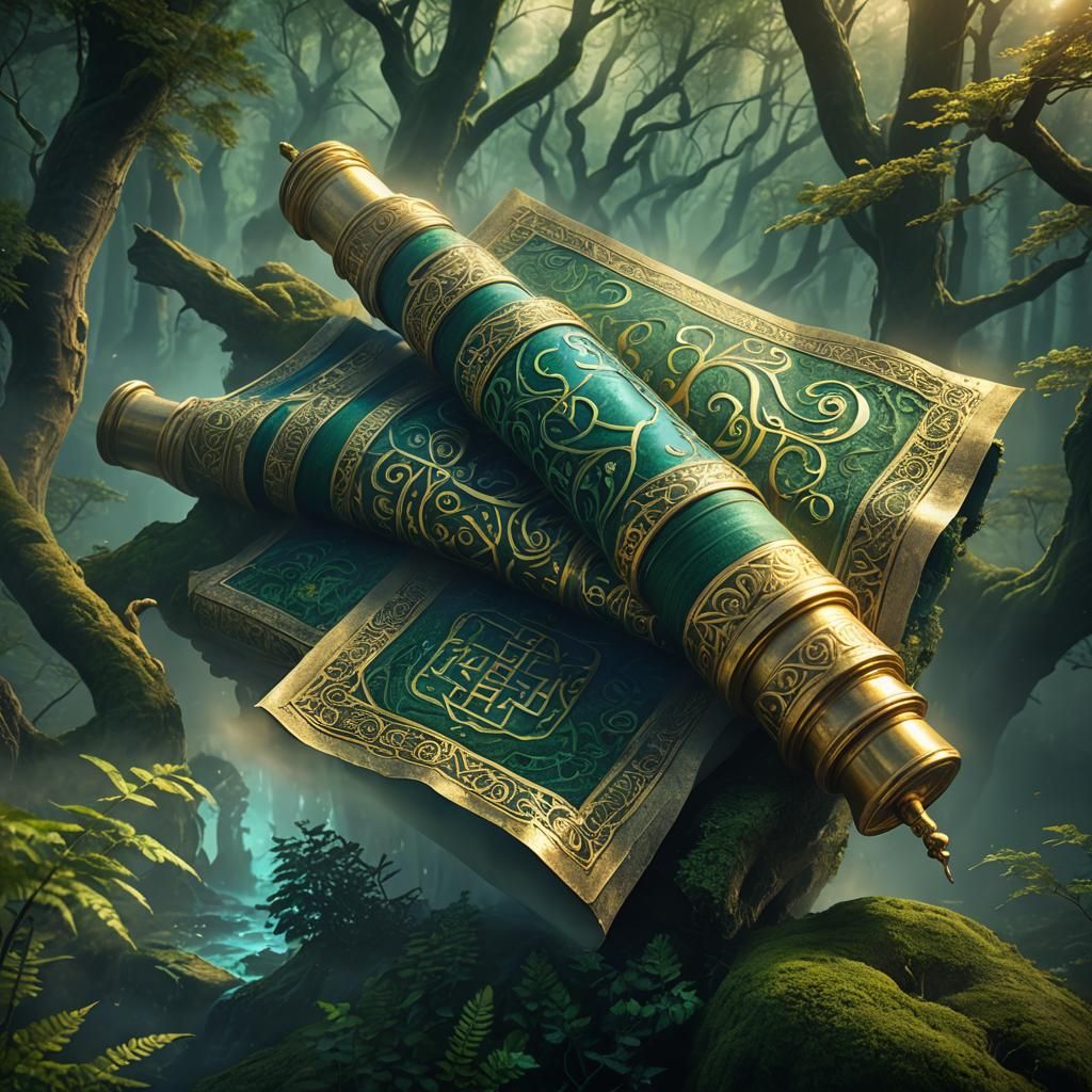 Golden Torah Scroll Unveiled in Mystical Forest