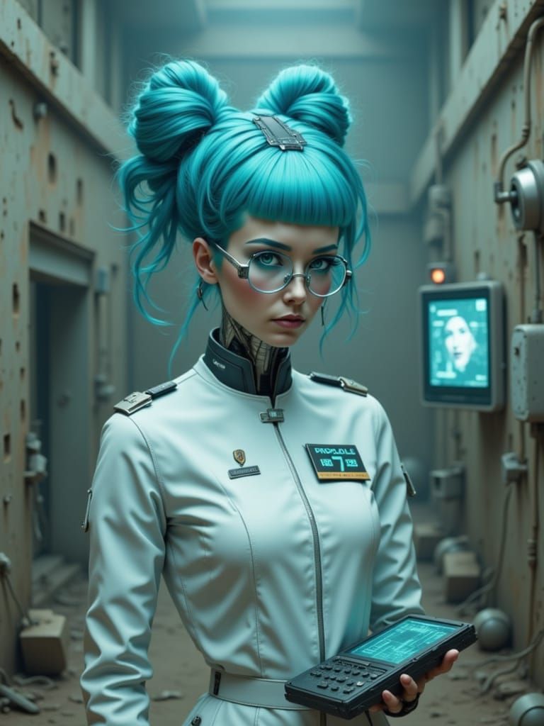 an android nurse standing in the remnants of a once-pristine medical facility, her gaze fixed forward. The android has striking silver eyes ...