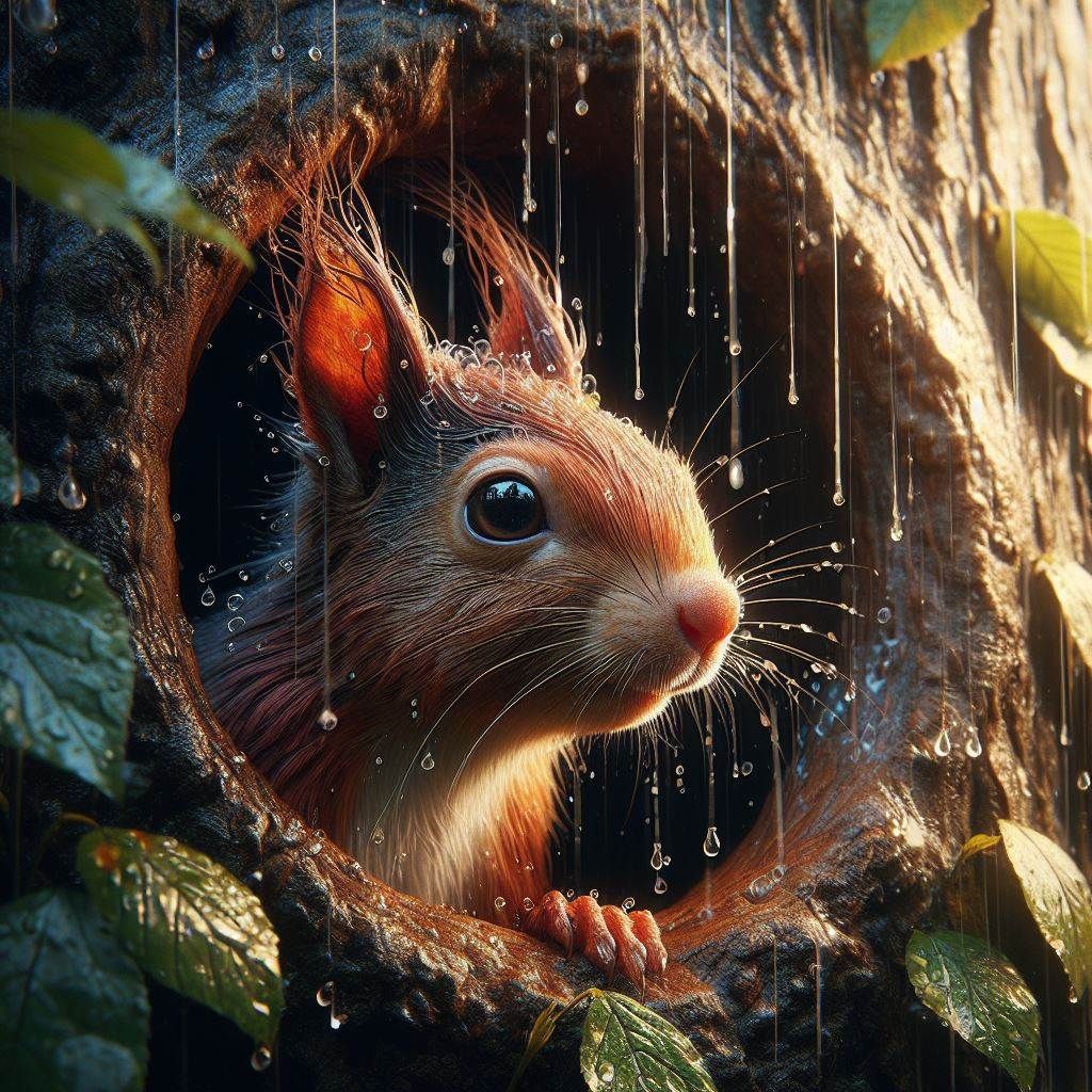 Cute Squirrel seeks shelter from the rain in a tree hollow