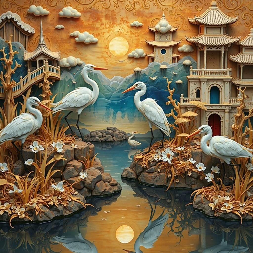 16k resolution, 64 megapixels, cork carving diorama, intricate carved cork, Japanese, Chinese, Asian, small white herons, gold detail - stun...