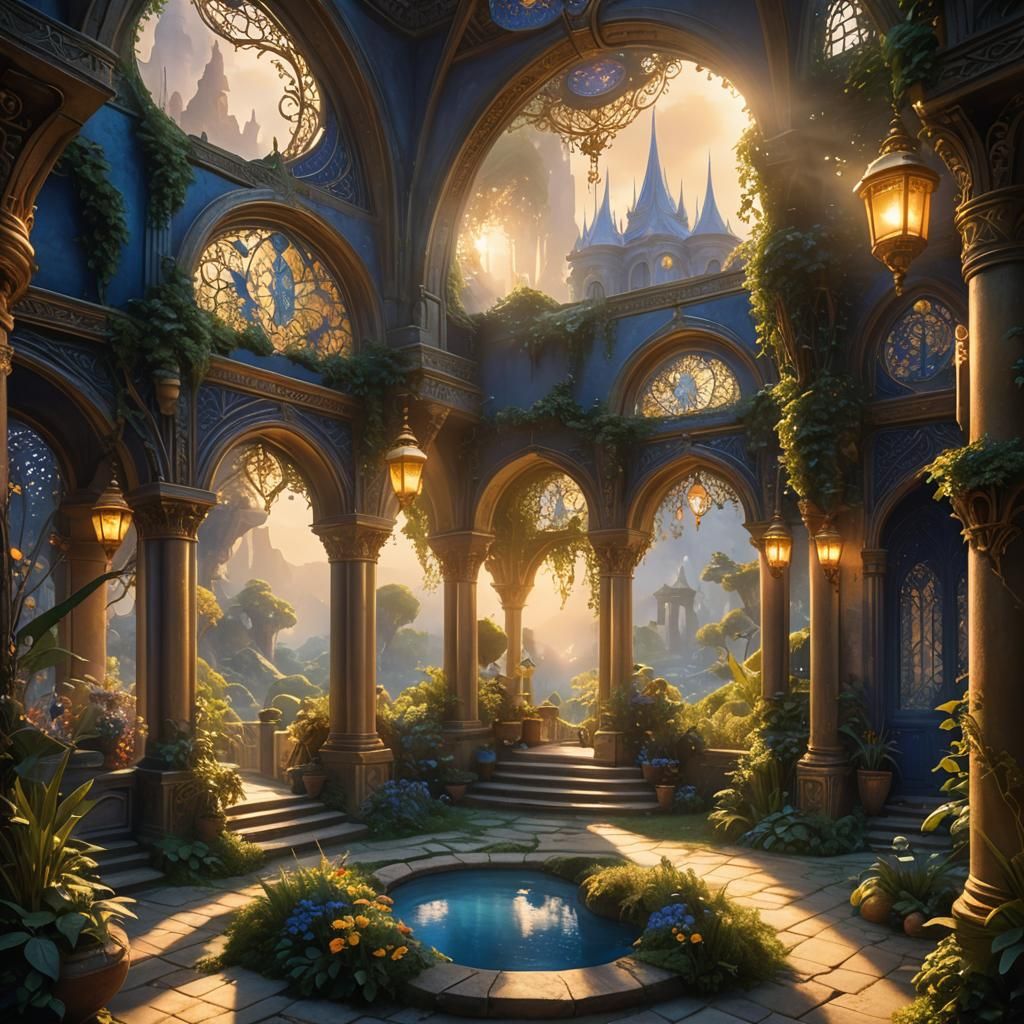 High fantasy epic masterfully build elven garden, golden, scenic elven interior, high detail, high quality, detailed matte painting, deep co...
