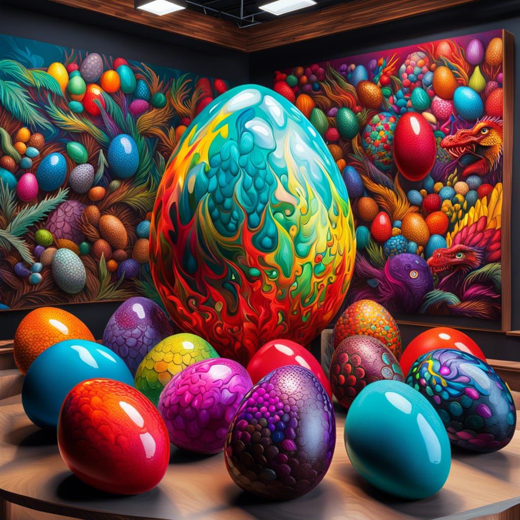 Dragon egg museum with many eggs of different colors and the example ...