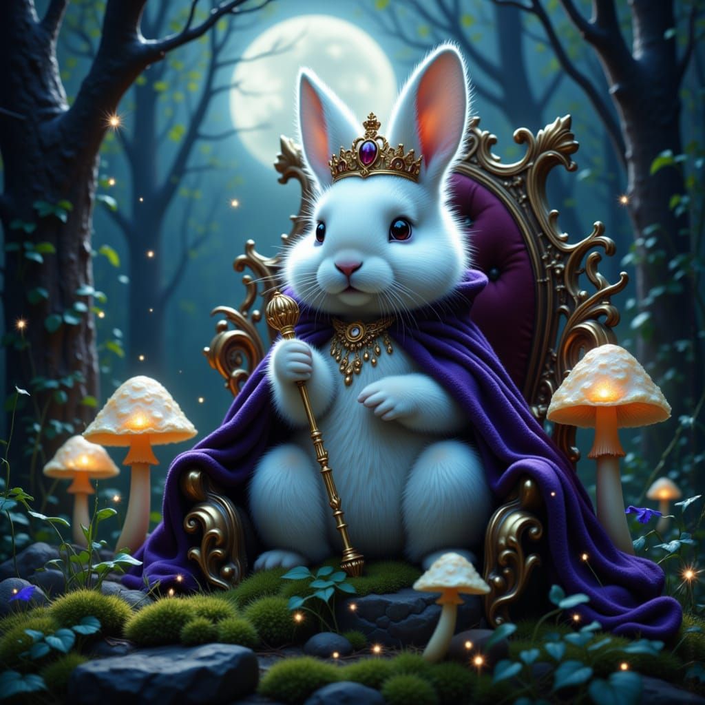 Regal Rabbit in Moonlit Forest as Watercolor Painting