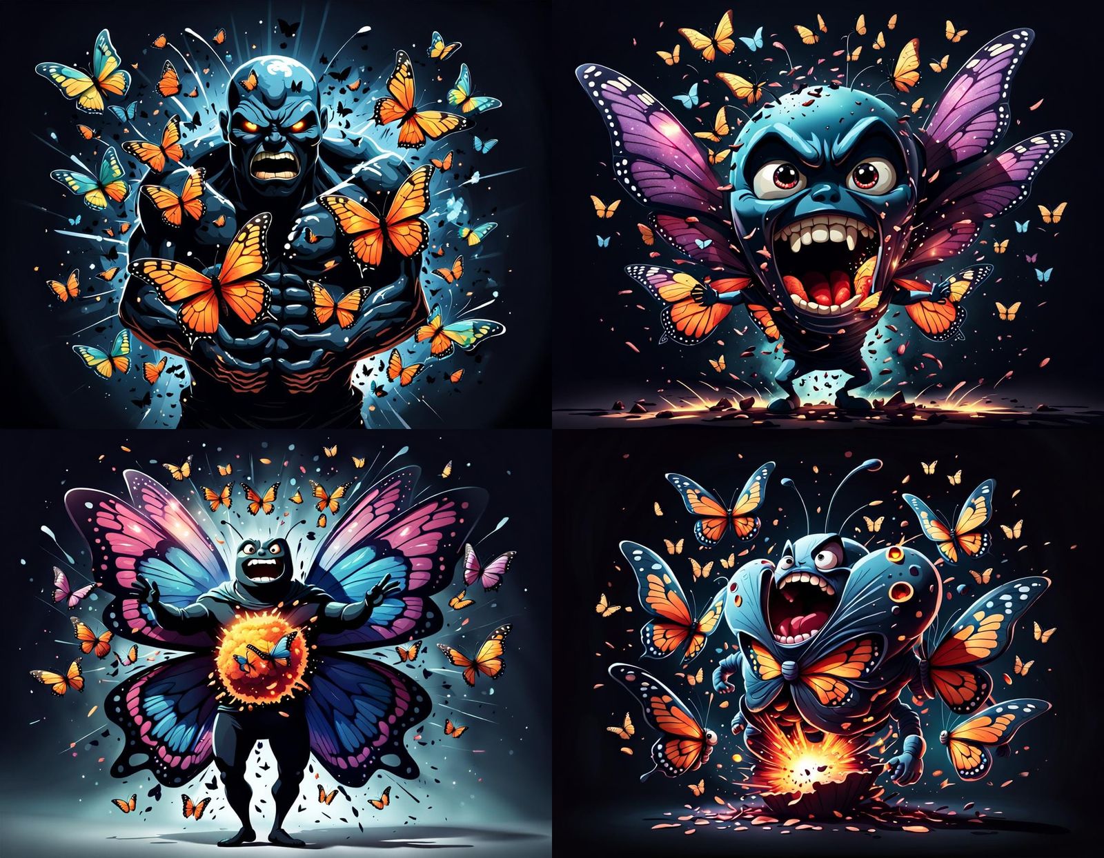 Butterflies exploding out of a cartoon character's stomach. ...