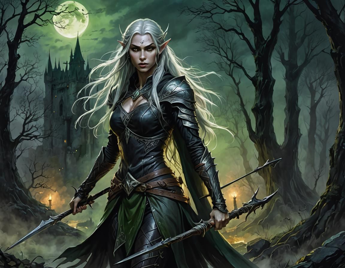 ancient dark elven female stand and poses with a spear, slim...