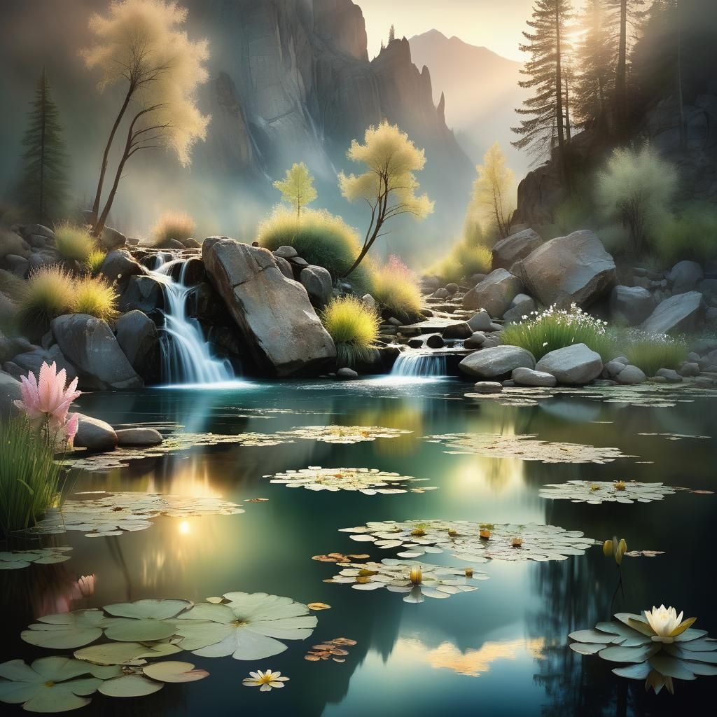 "Soft sunset light rises over majestic rocky mountains, misty waterfall transforms into serene spring ...  by @Mapont