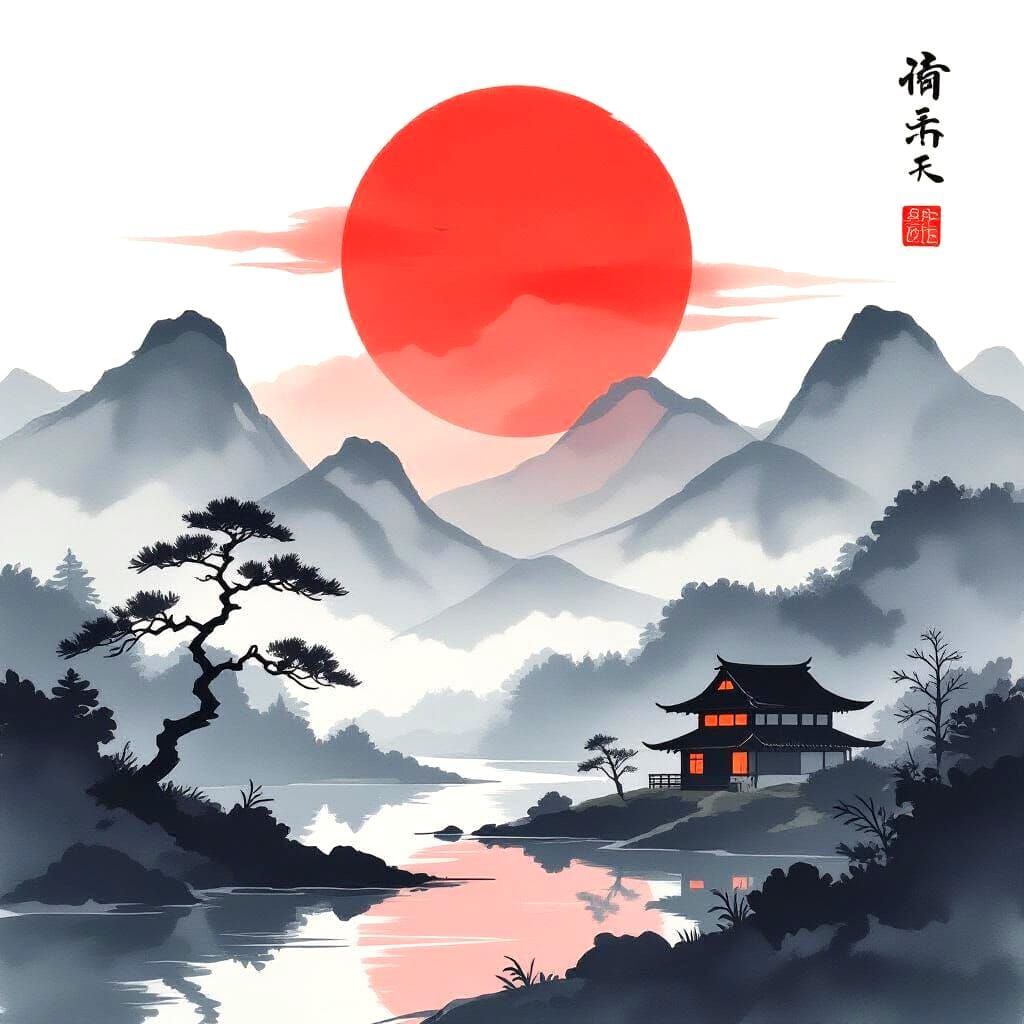 Japanese sumi-e style
Japanese minimalist painting style, inspired by traditional sumi-e and ink wash art. A serene landscape at sunset with...