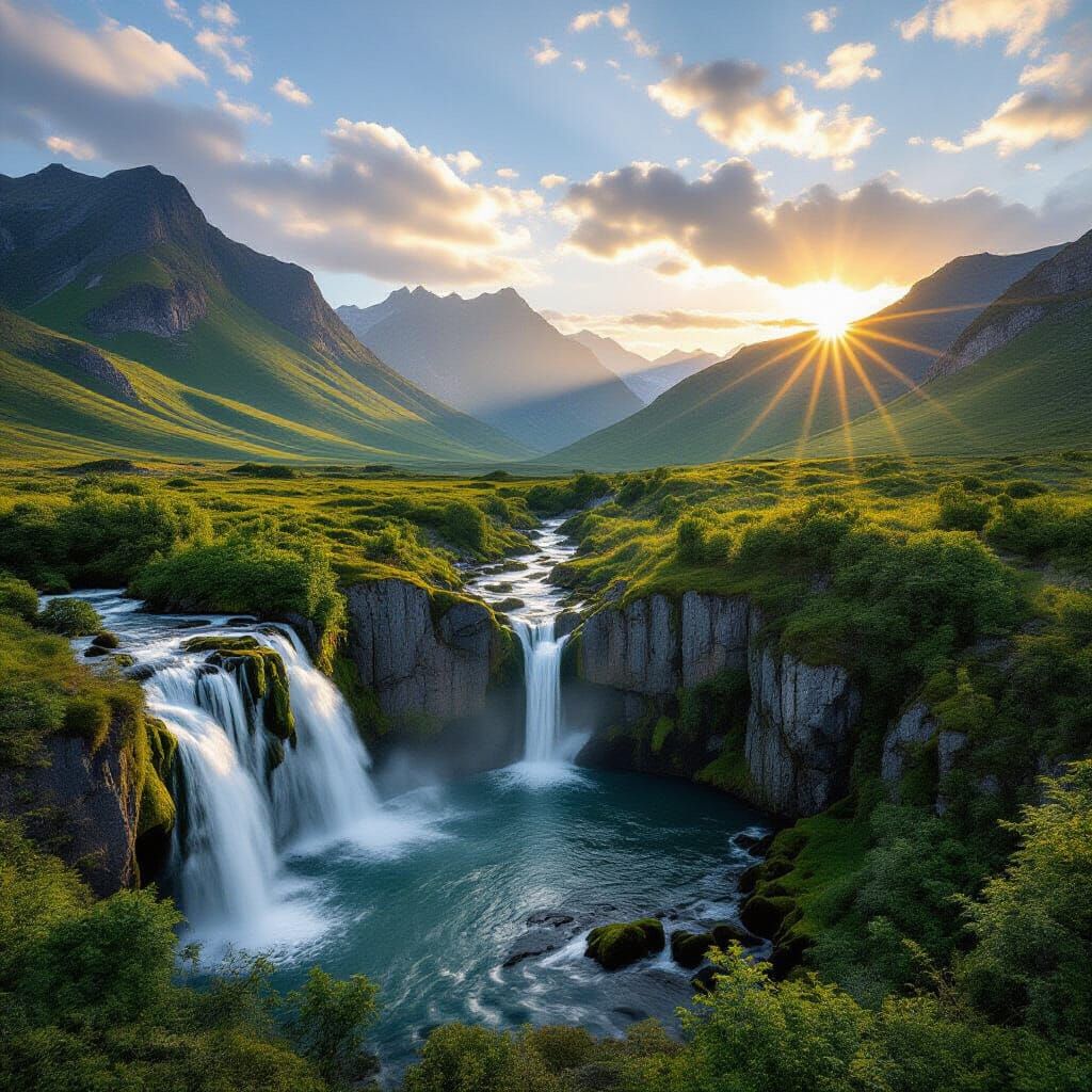 Majestic Mountain Landscape with Waterfalls and Lush Greener...
