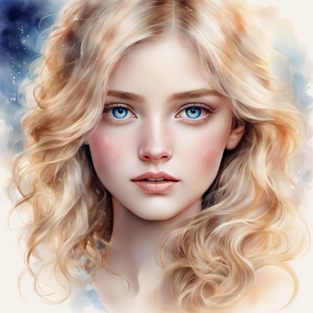 Delicate Watercolor Portrait of a Blonde Girl