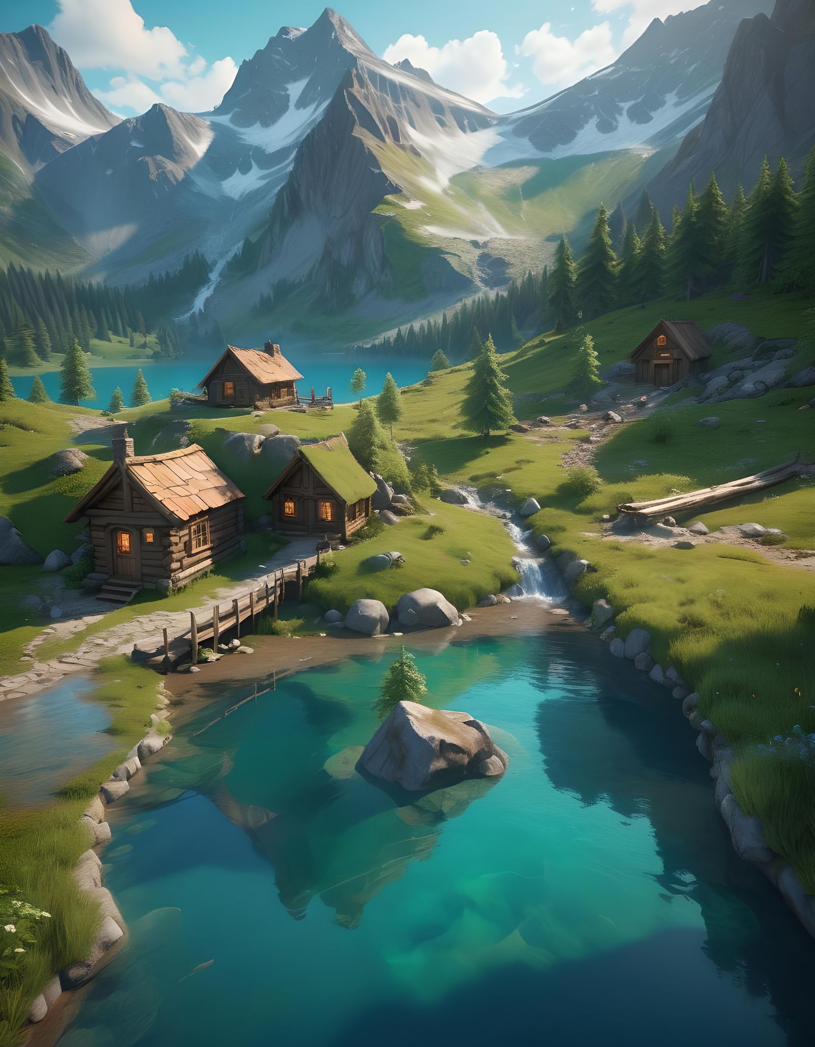 A cabin sits along a crystall clear and blue lake. A creek comes down ...