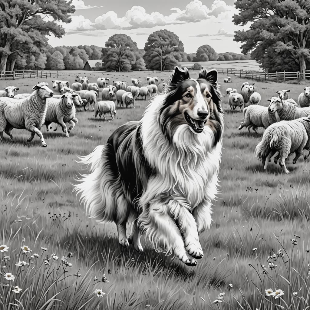 create an adult coloring page of a rough collie running herd...
