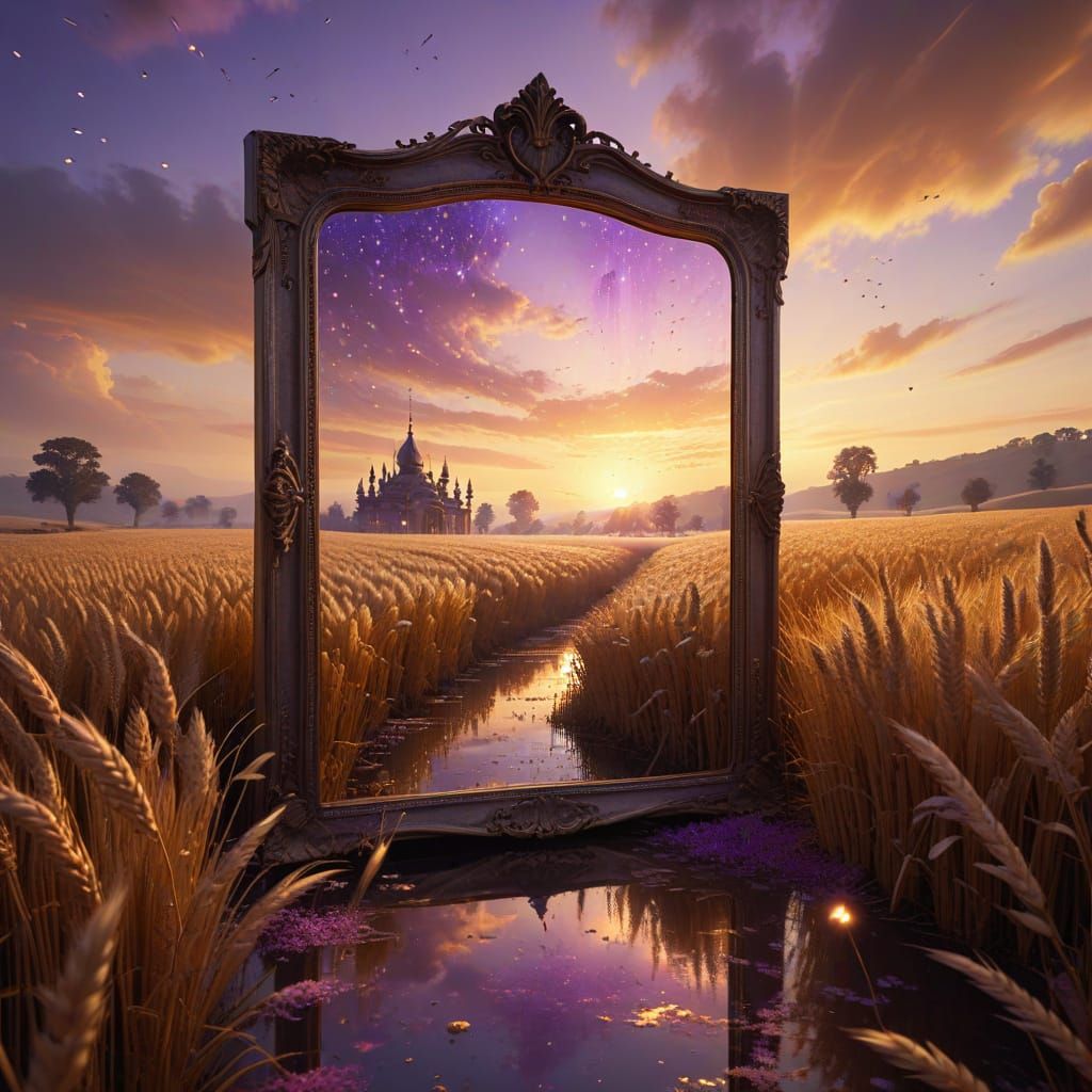 Surreal Wheat Field with Floating Mirror