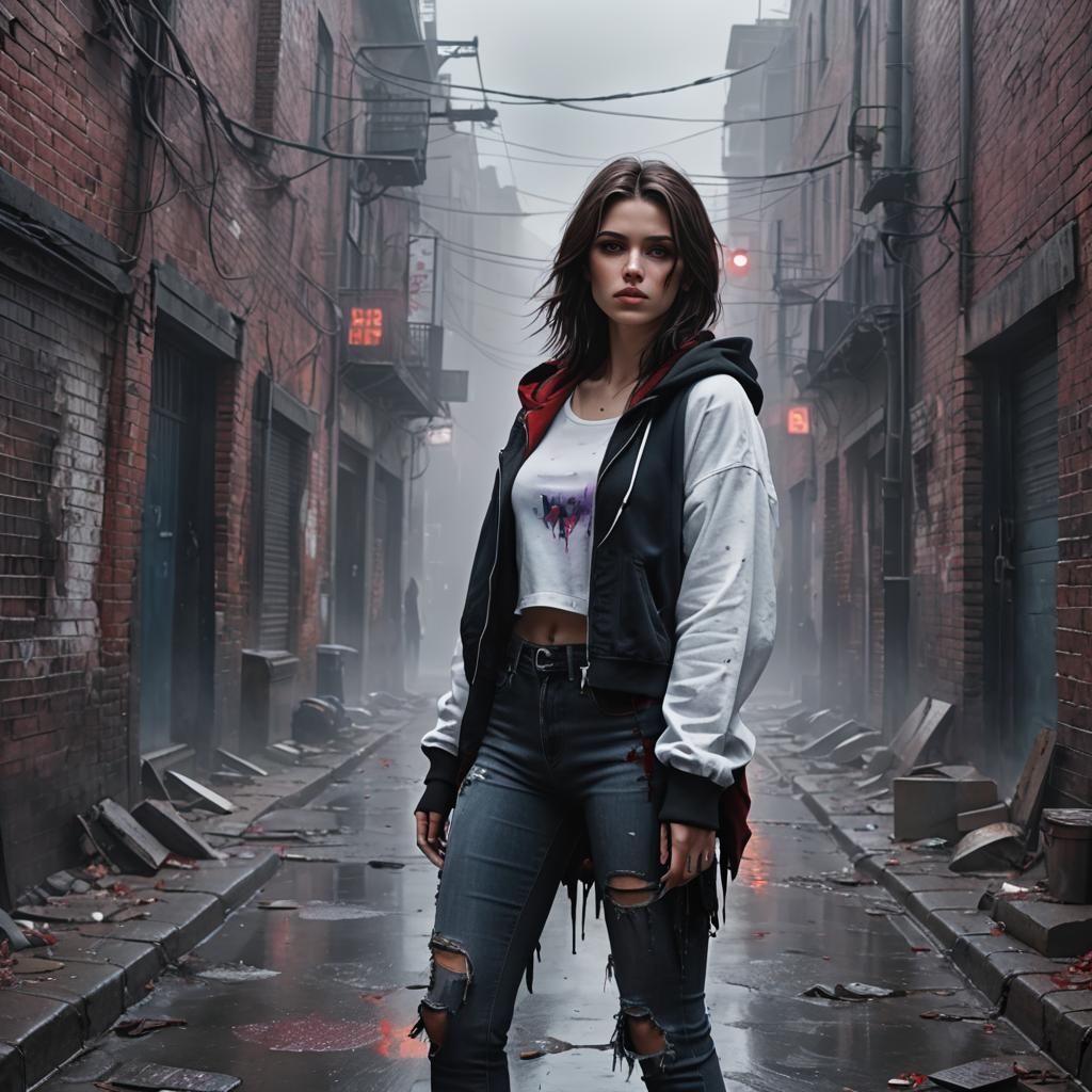Girl in Misty Alleyway: Dark Fantasy Concept Art