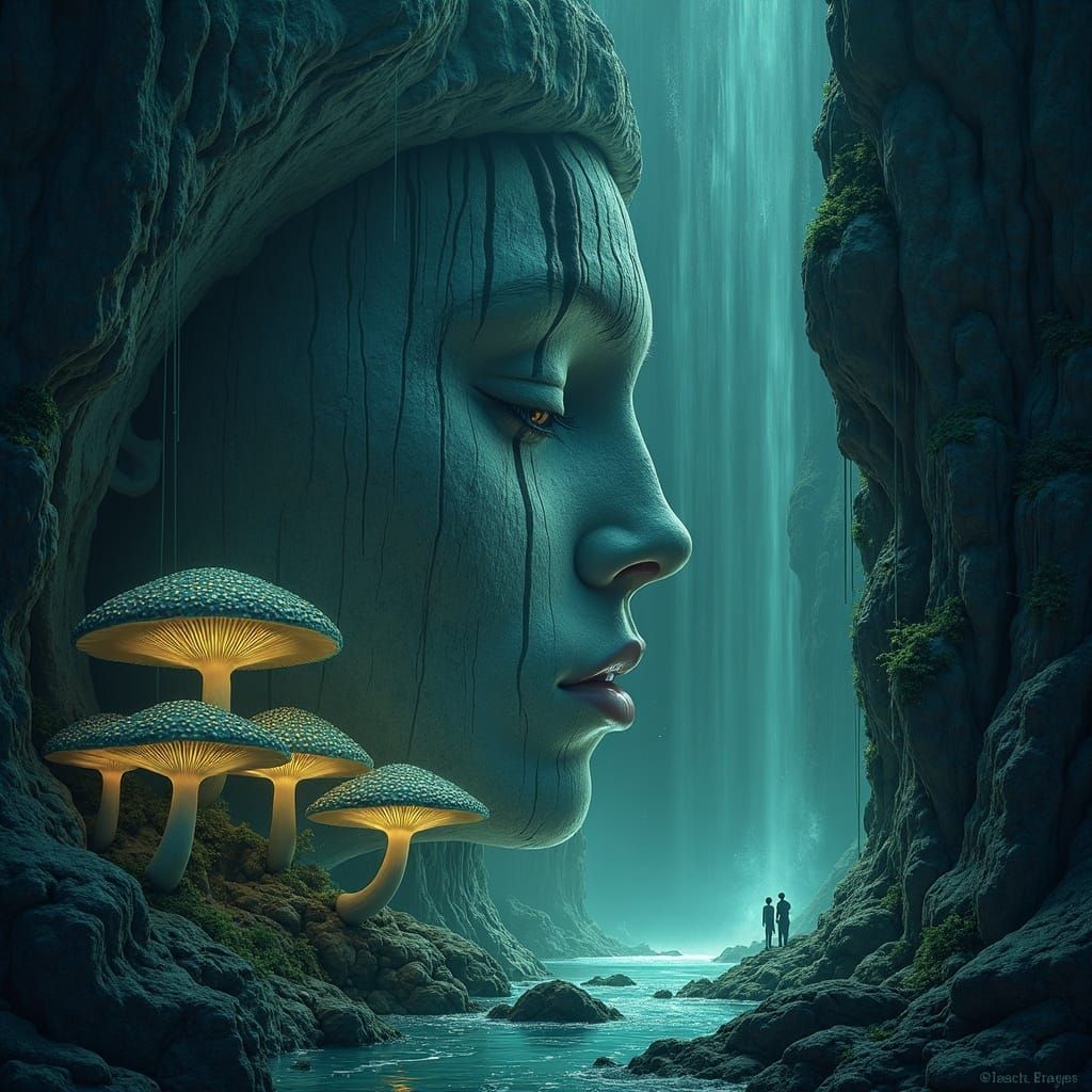 Ancient Cliff Face With Face and Mushrooms