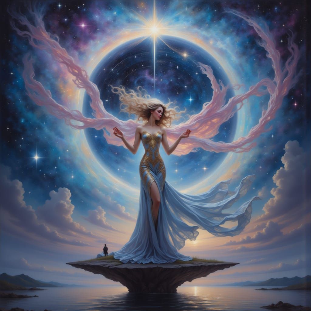 Art nouveau punk. A celestial woman with flowing, iridescent hair and intricate, glowing patterns woven into her clothing, standing on a flo...