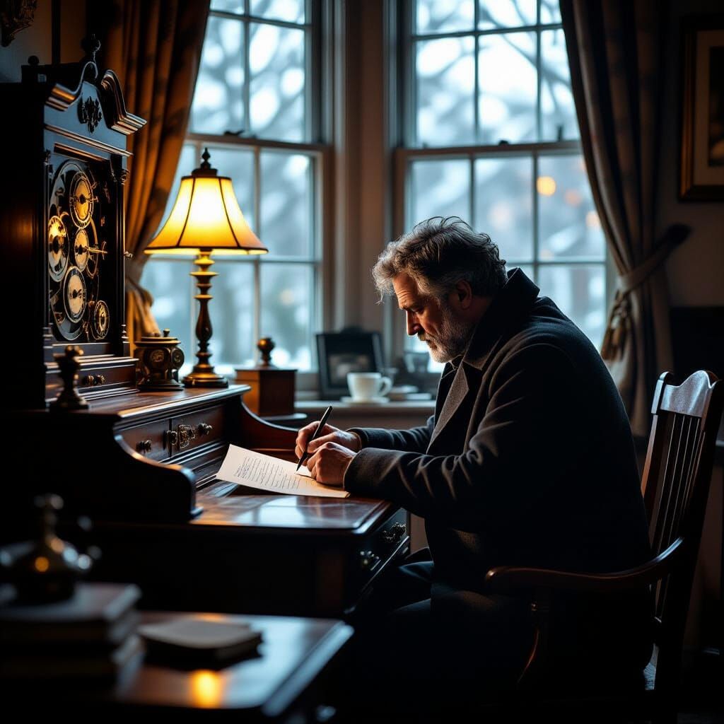 Man Writes Letter by Lamp Amidst Clockwork, Film Noir Style