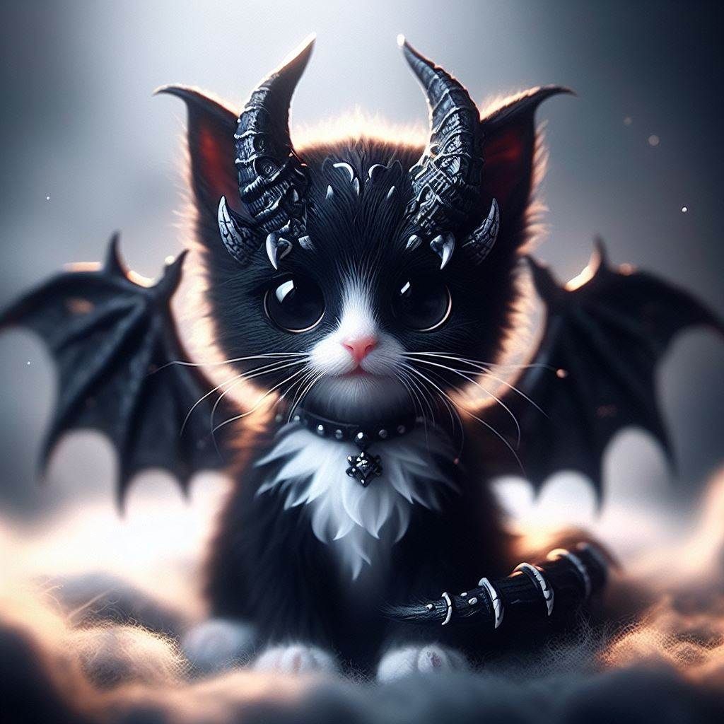 cute black and white kitten with demon horns and dragon wing...